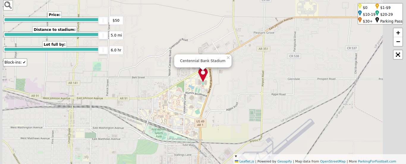 Parking map for Arkansas State University Red Wolves college football games at the Centennial Bank Stadium in Jonesboro, AR.