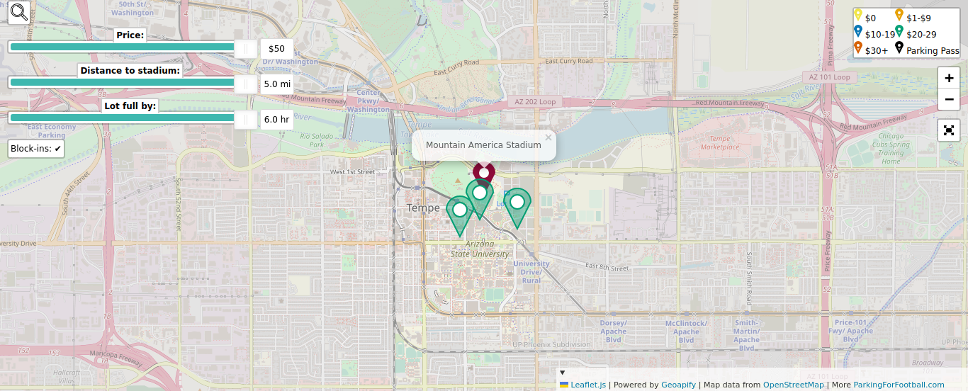 Parking map for Arizona State University Sun Devils college football games at the Mountain America Stadium in Tempe, AZ.