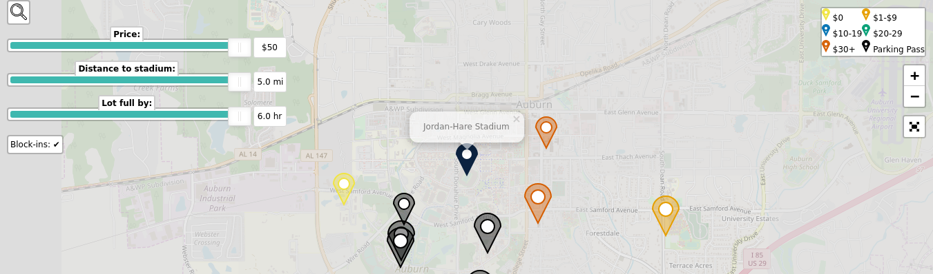 Parking map for Auburn University Tigers college football games at the Jordan-Hare Stadium in Auburn, AL.