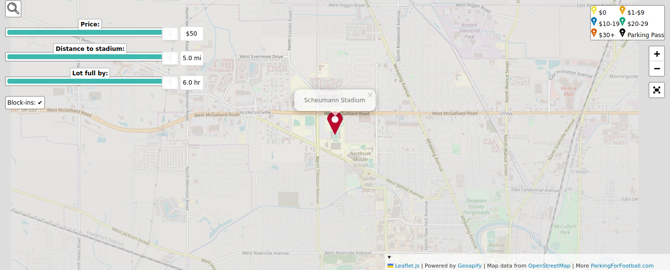 Parking map for Ball State University Cardinals college football games at the Scheumann Stadium in Muncie, IN.