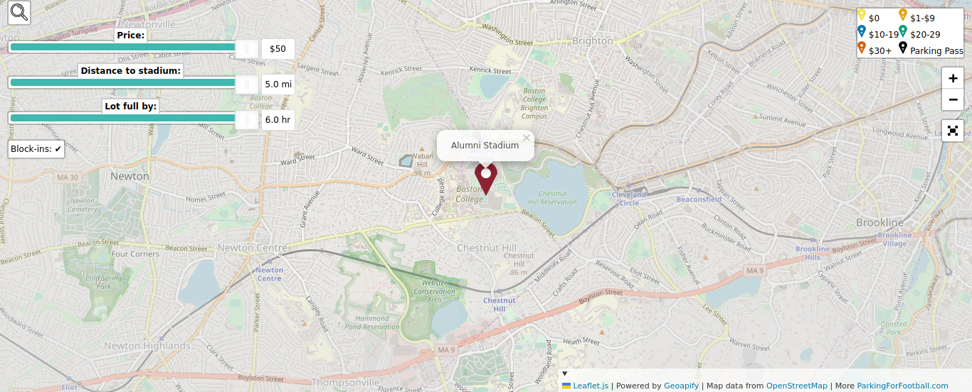 Parking map for Boston College Eagles college football games at the Alumni Stadium in Chestnut Hill, MA.