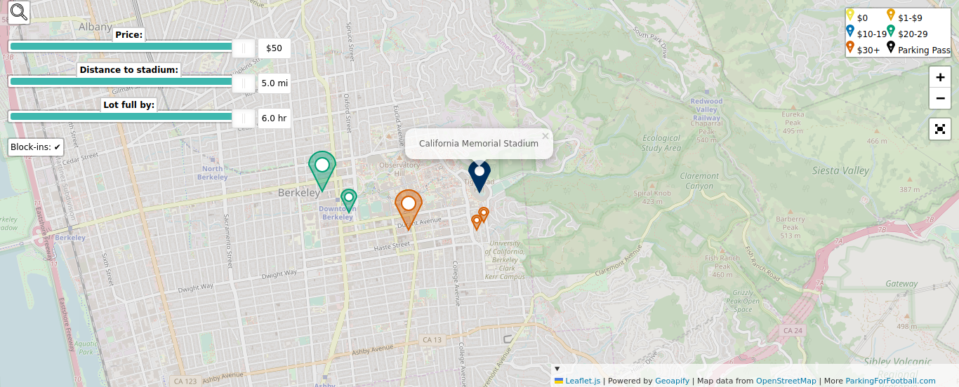 Parking map for University of California Berkeley Golden Bears college football games at the California Memorial Stadium in Berkeley, CA.