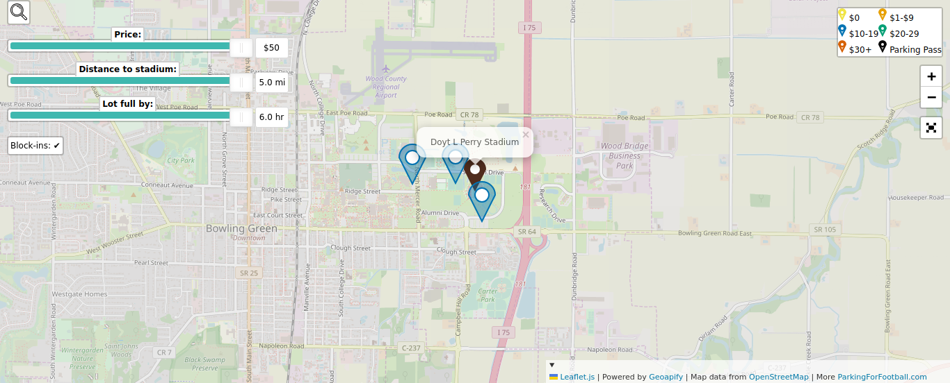 Parking map for Bowling Green State University Falcons college football games at the Doyt L Perry Stadium in Bowling Green, OH.