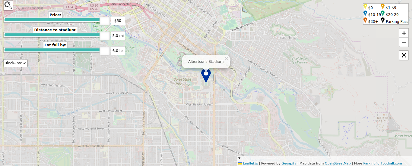 Parking map for Boise State University Broncos college football games at the Albertsons Stadium in Boise, ID.