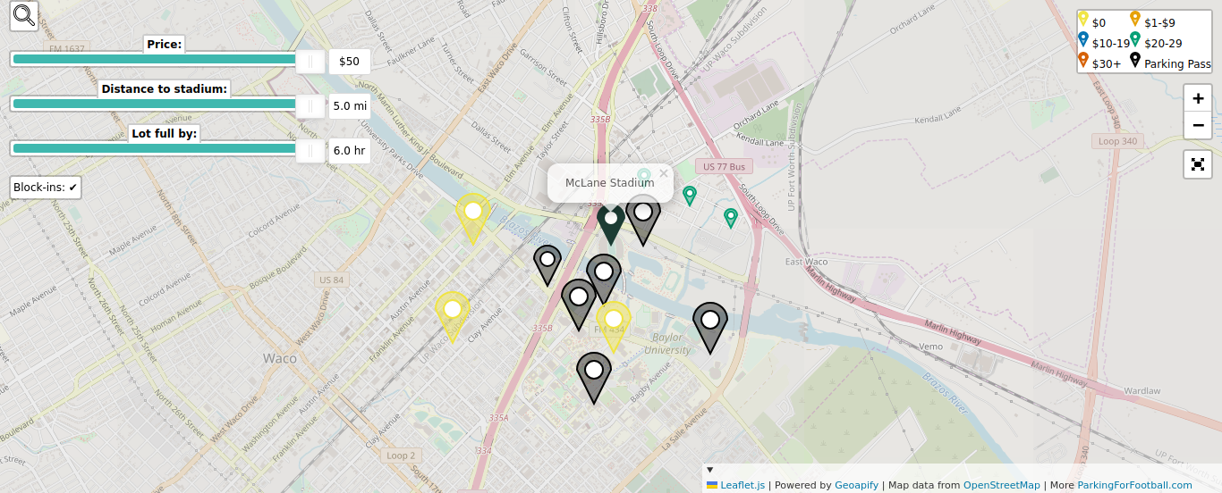 Parking map for Baylor University Bears college football games at the McLane Stadium in Waco, TX.