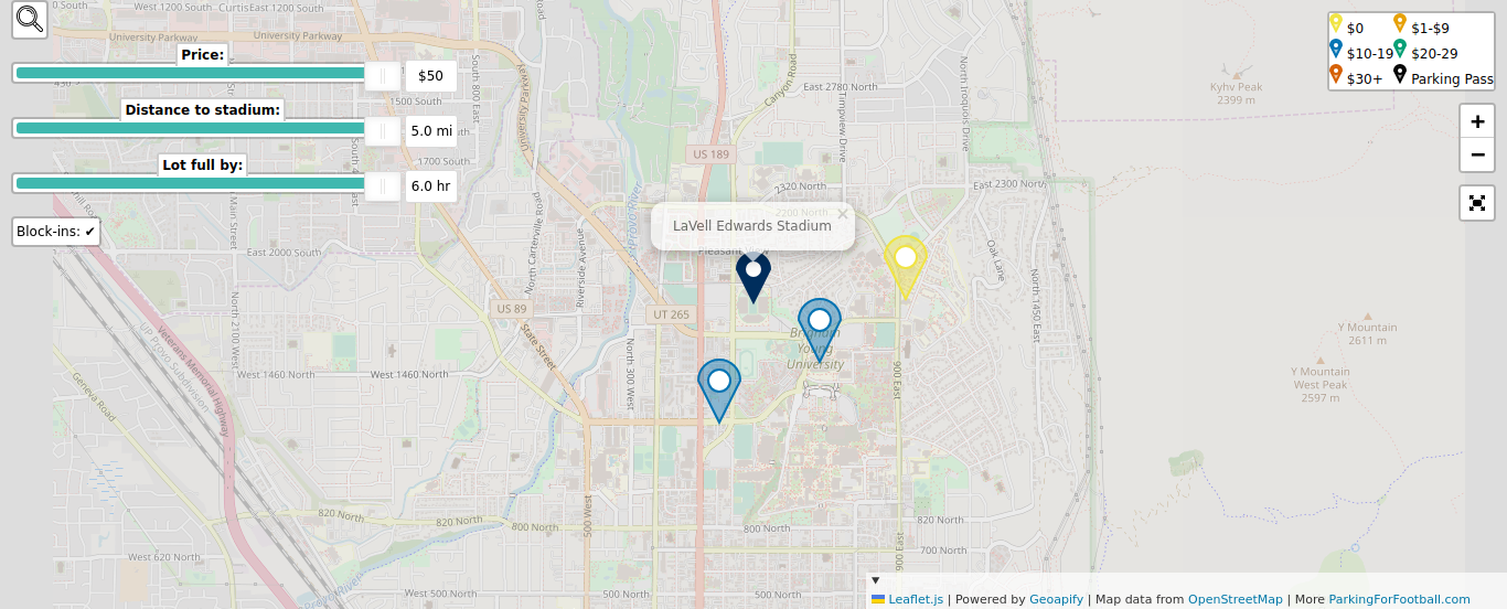 Parking map for Brigham Young University Cougars college football games at the LaVell Edwards Stadium in Provo, UT.