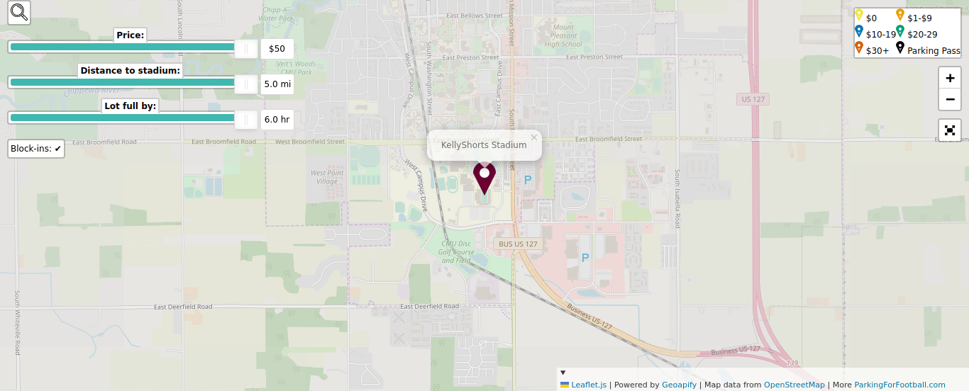 Parking map for Central Michigan University Chippewas college football games at the KellyShorts Stadium in Mount Pleasant, MI.