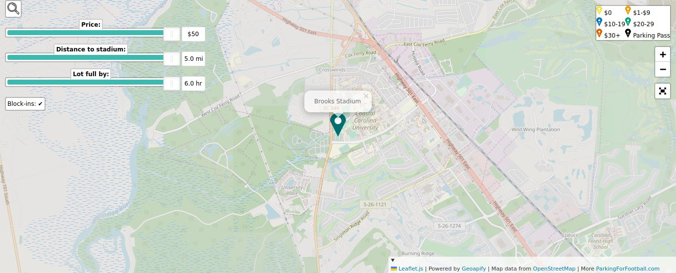 Parking map for Coastal Carolina University Chanticleers college football games at the Brooks Stadium in Conway, SC.