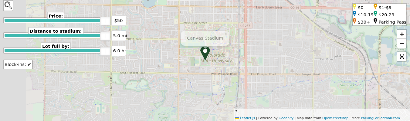 Parking map for Colorado State University Rams college football games at the Canvas Stadium in Fort Collins, CO.