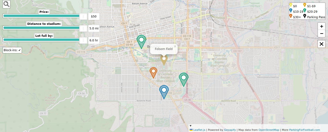 Parking map for University of Colorado Boulder Buffaloes college football games at the Folsom Field in Boulder, CO.