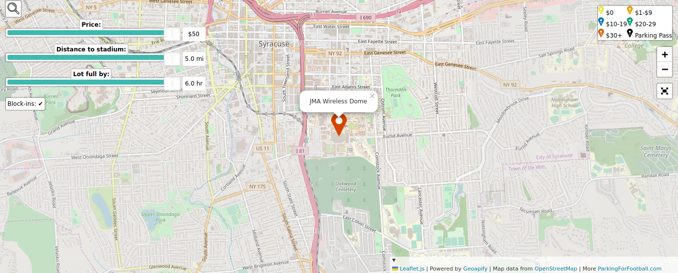 Parking map for Syracuse University Orange college football games at the JMA Wireless Dome in Syracuse, NY.