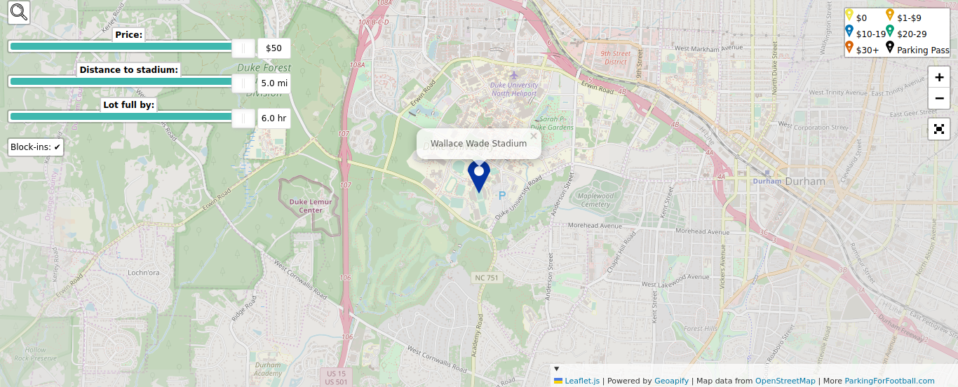 Parking map for Duke University Blue Devils college football games at the Wallace Wade Stadium in Durham, NC.