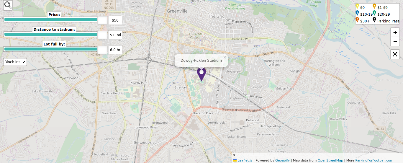 Parking map for East Carolina University Pirates college football games at the Dowdy-Ficklen Stadium in Greenville, NC.