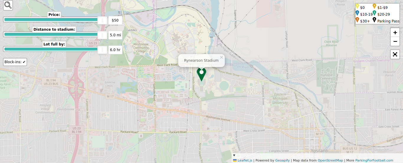 Parking map for Eastern Michigan University Eagles college football games at the Rynearson Stadium in Ypsilanti, MI.