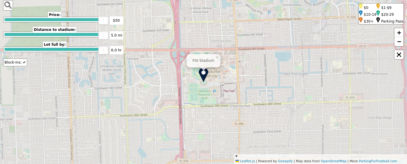 Parking map for Florida International University Panthers college football games at the FIU Stadium in Miami, FL.