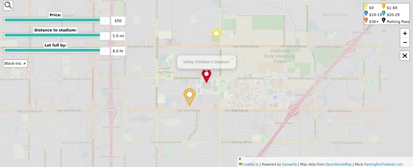 Parking map for California State University - Fresno Bulldogs college football games at the Valley Children's Stadium in Fresno, CA.