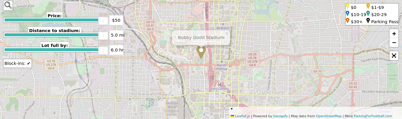 Parking map for Georgia Institute of Technology Yellow Jackets college football games at the Bobby Dodd Stadium in Atlanta, GA.