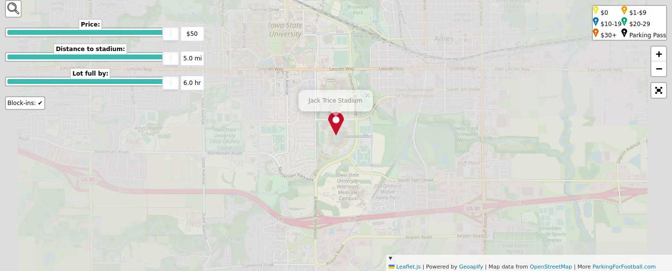 Parking map for Iowa State University Cyclones college football games at the Jack Trice Stadium in Ames, Iowa.