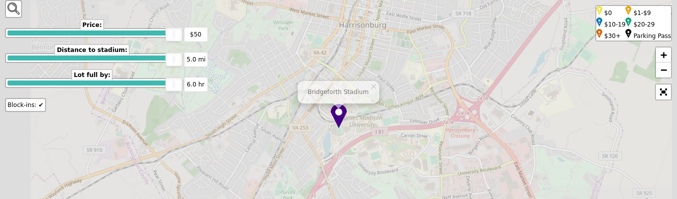 Parking map for James Madison University Dukes college football games at the Bridgeforth Stadium in Harrisonburg, VA.