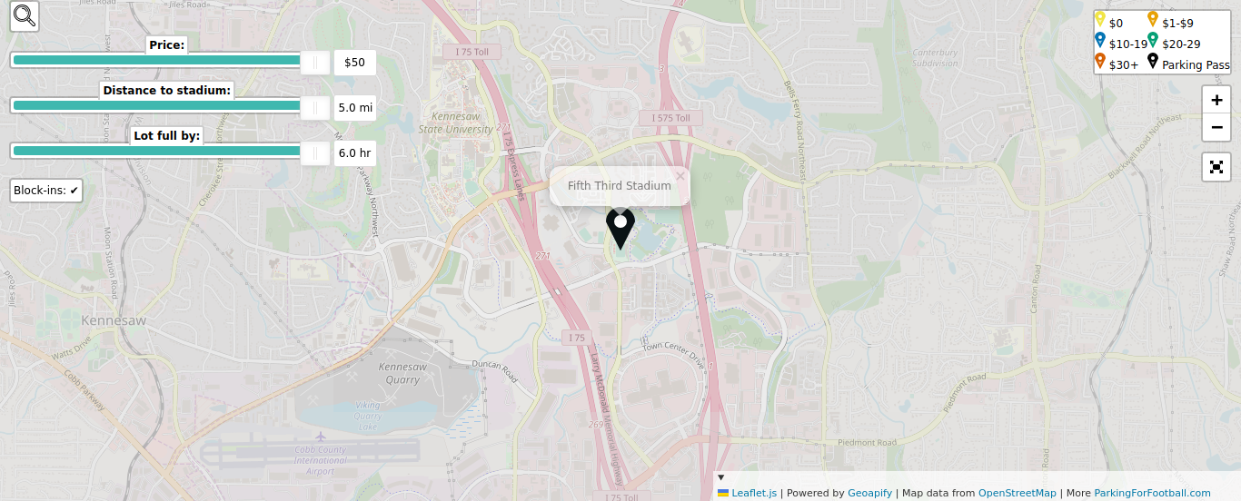 Parking map for Kennesaw State University Owls college football games at the Fifth Third Stadium in Kennesaw, GA.