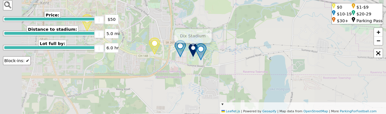 Parking map for Kent State University Golden Flashes college football games at the Dix Stadium in Kent, OH.