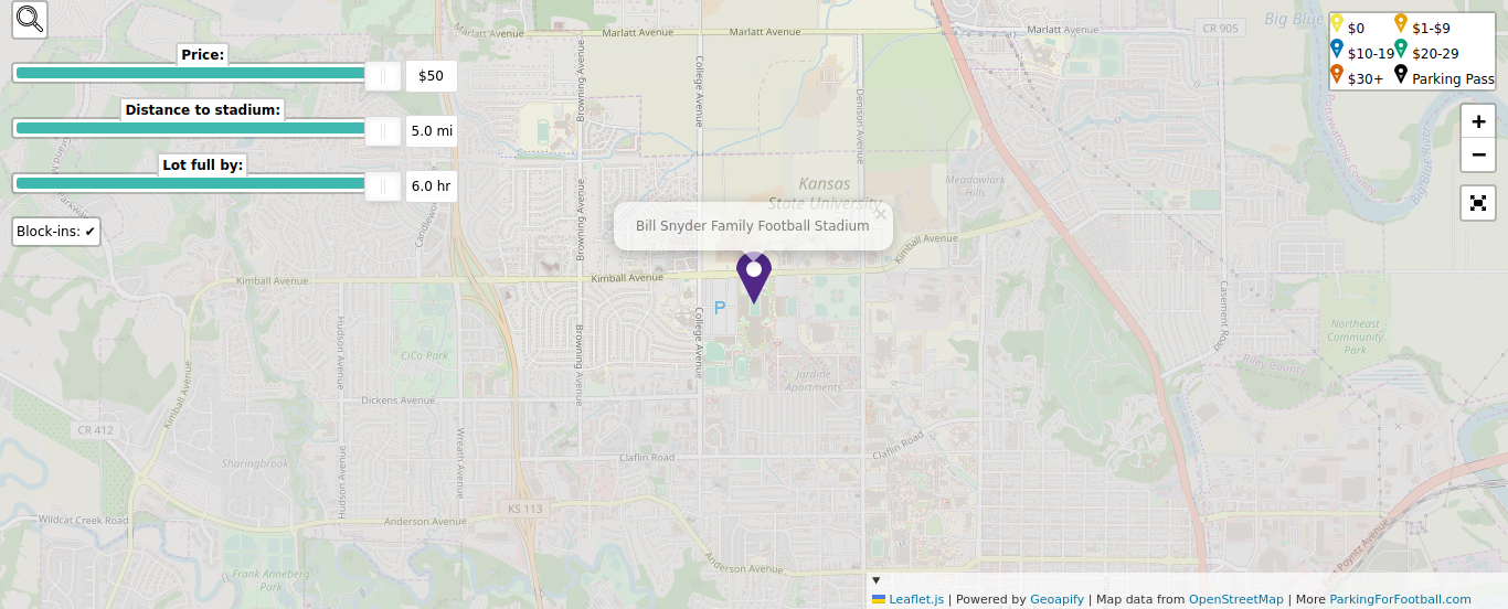 Parking map for Kansas State University Wildcats college football games at the Bill Snyder Family Football Stadium in Manhattan, KS.