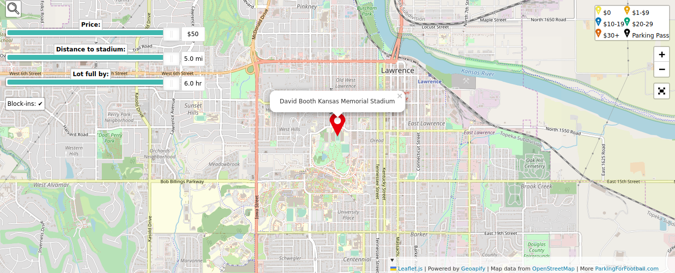 Parking map for University of Kansas Jayhawks college football games at the David Booth Kansas Memorial Stadium in Lawrence, KS.