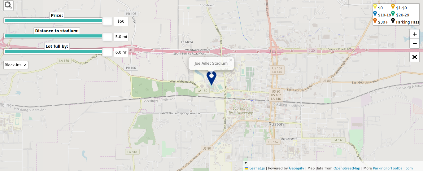 Parking map for Louisiana Tech University Bulldogs & Lady Techsters college football games at the Joe Aillet Stadium in Ruston, LA.