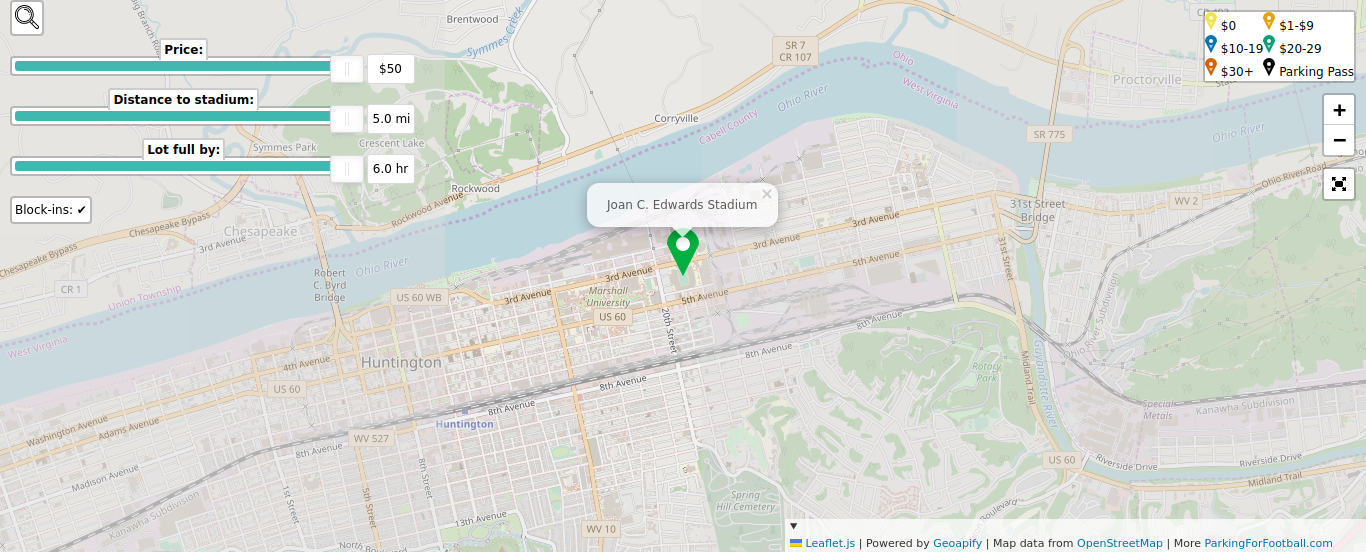 Parking map for Marshall University Thundering Herd college football games at the Joan C. Edwards Stadium in Huntington, WV.