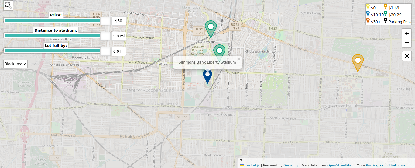 Parking map for University of Memphis Tigers college football games at the Simmons Bank Liberty Stadium in Memphis, TN.