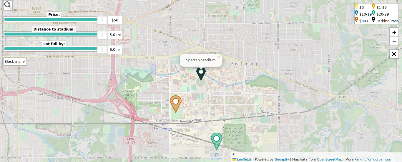 Parking map for Michigan State University Spartans college football games at the Spartan Stadium in East Lansing, MI.