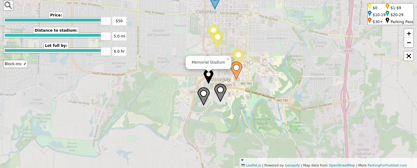 Parking map for University of Missouri Tigers college football games at the Memorial Stadium in Columbia, MO.