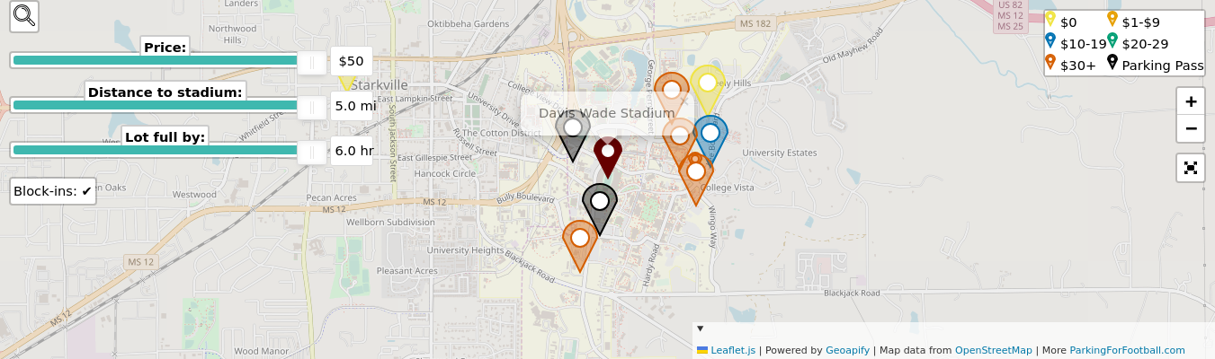 Parking map for Mississippi State University Bulldogs college football games at the Davis Wade Stadium in Starkville, MS.