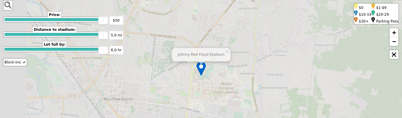 Parking map for Middle Tennessee State University Blue Raiders college football games at the Johnny Red Floyd Stadium in Murfreesboro, TN.