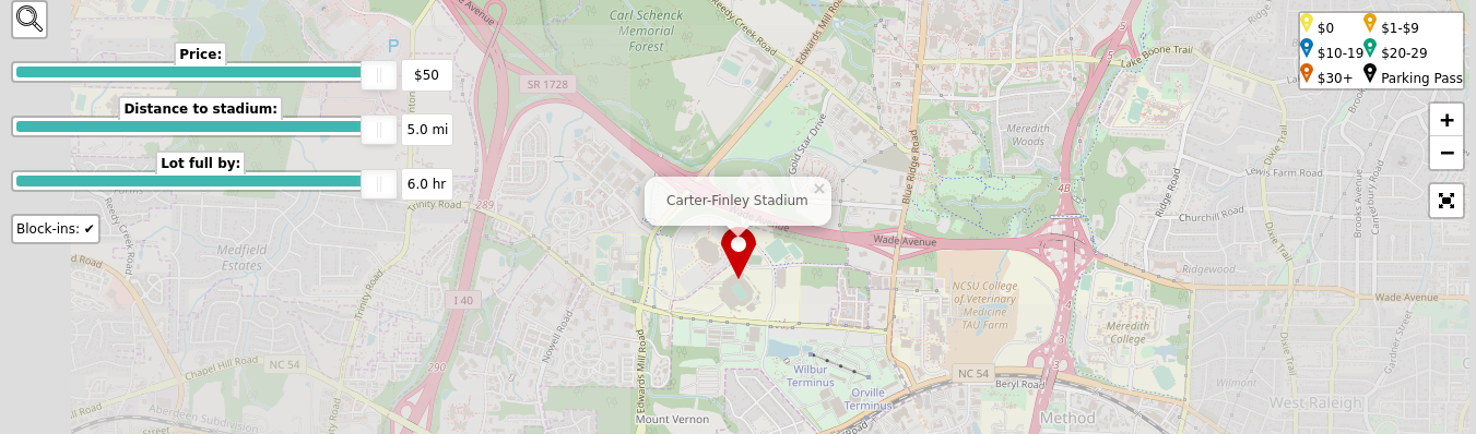 Parking map for North Carolina State University Wolfpack college football games at the Carter-Finley Stadium in Raleigh, NC.