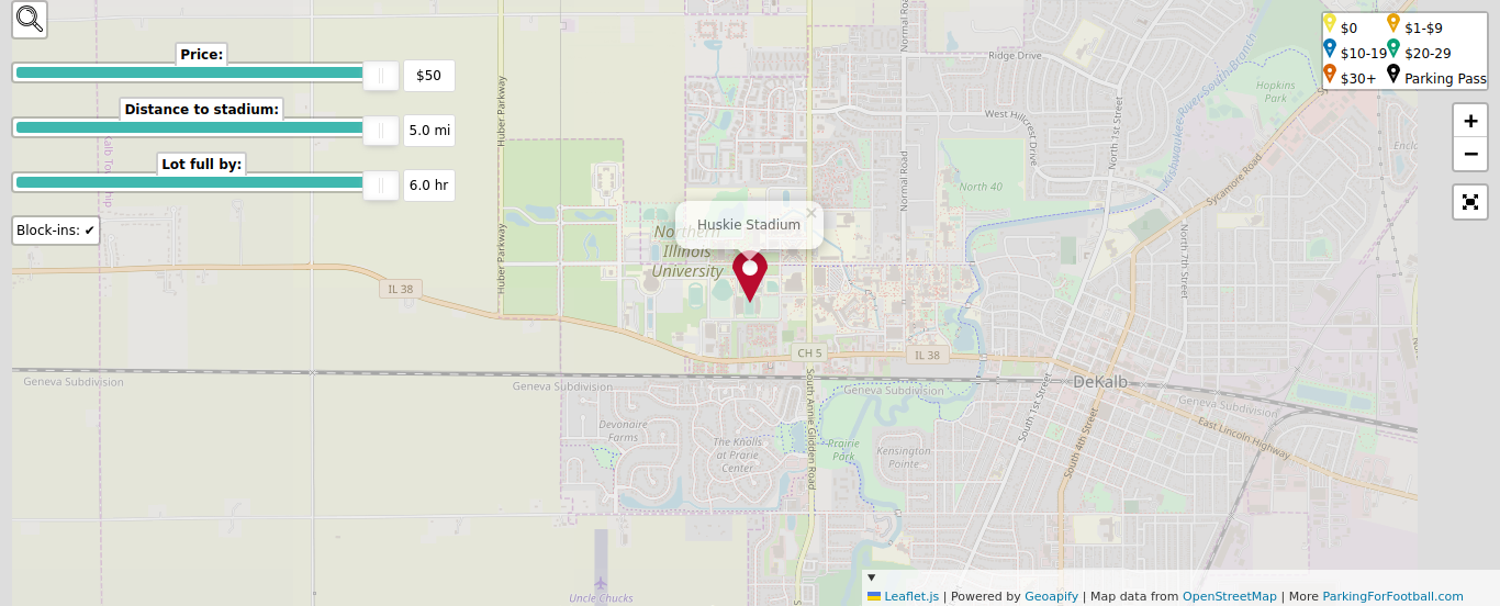 Parking map for Northern Illinois University Huskies college football games at the Huskie Stadium in DeKalb, IL.