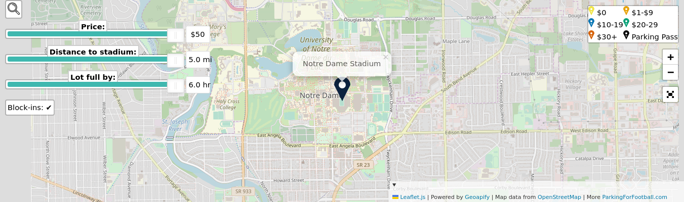 Parking map for University of Notre Dame Fighting Irish college football games at the Notre Dame Stadium in Notre Dame, IN.