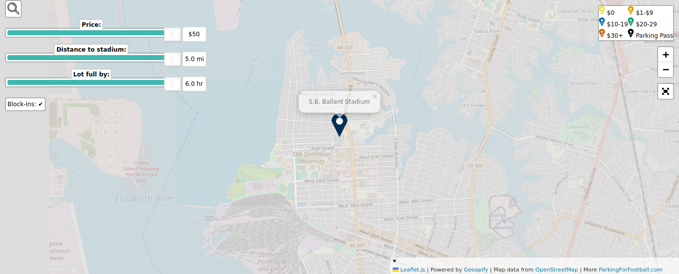 Parking map for Old Dominion University Monarchs college football games at the S.B. Ballard Stadium in Norfolk, VA.