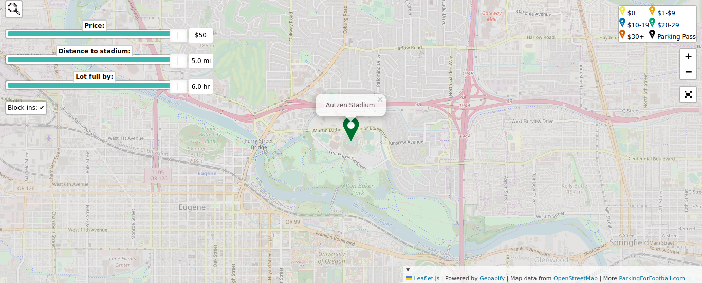 Parking map for University of Oregon Ducks college football games at the Autzen Stadium in Eugene, OR.