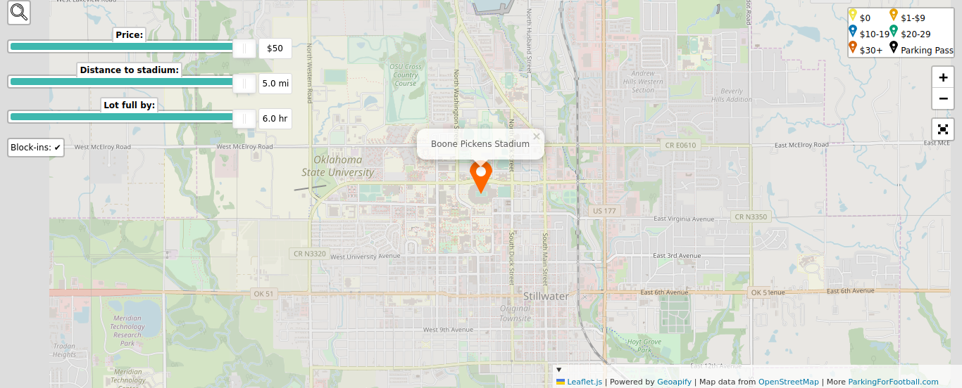 Parking map for Oklahoma State Cowboys college football games at the Boone Pickens Stadium in Stillwater, OK.