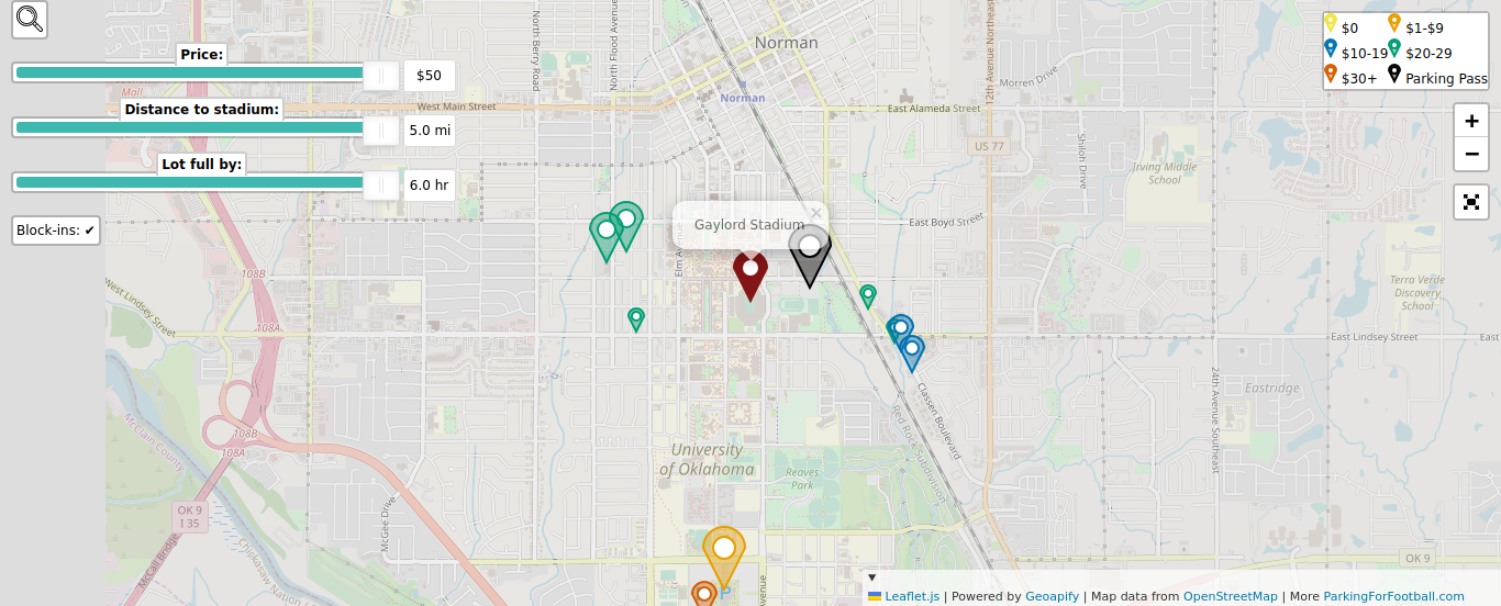 Parking map for University of Oklahoma Sooners college football games at the Gaylord Stadium in Norman, OK.