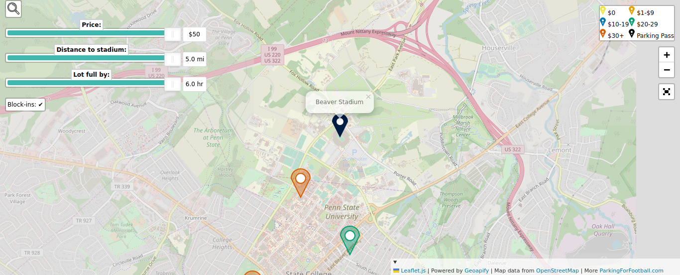 Parking map for Pennsylvania State University Nittany Lions college football games at the Beaver Stadium in University Park, PA.