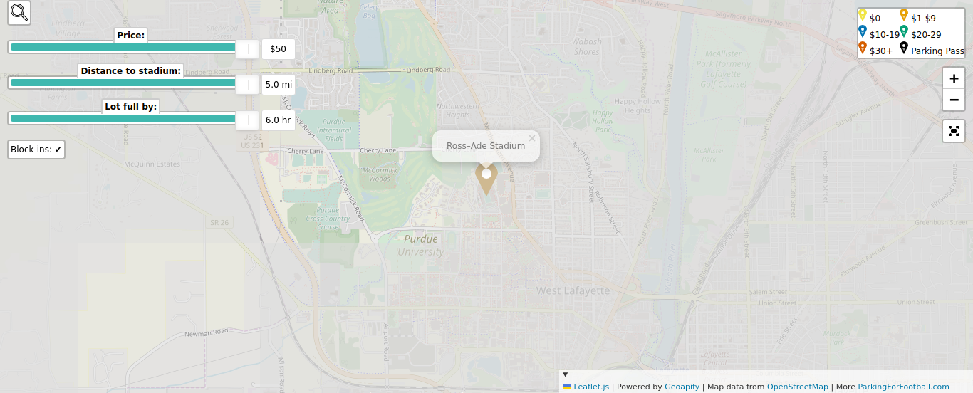 Parking map for Purdue University Boilermakers college football games at the Ross–Ade Stadium in West Lafayette, IN.