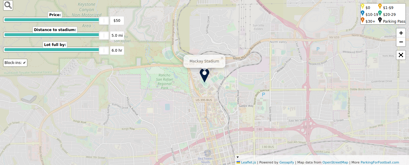 Parking map for University of Nevada - Reno Wolf Pack college football games at the Mackay Stadium in Reno, NV.