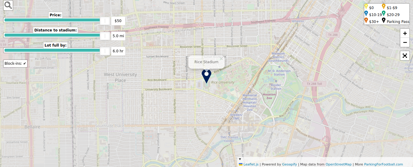 Parking map for Rice University Owls college football games at the Rice Stadium in Houston, TX.