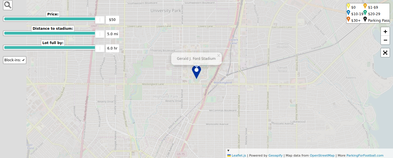 Parking map for Southern Methodist University Mustangs college football games at the Gerald J. Ford Stadium in Dallas, TX.