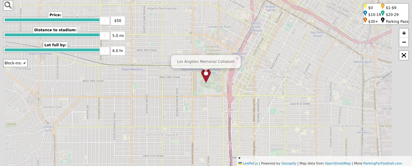 Parking map for University of Southern California (USC) Trojans college football games at the Los Angeles Memorial Coliseum in Los Angeles, CA.