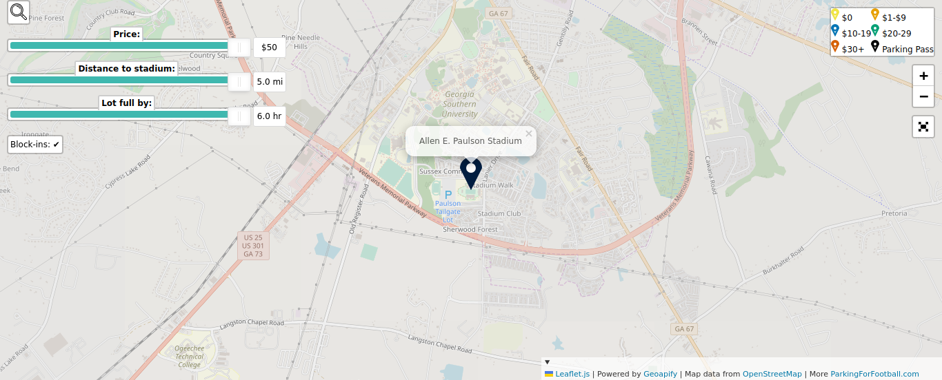 Parking map for Georgia Southern University Eagles college football games at the Allen E. Paulson Stadium in Statesboro, GA.