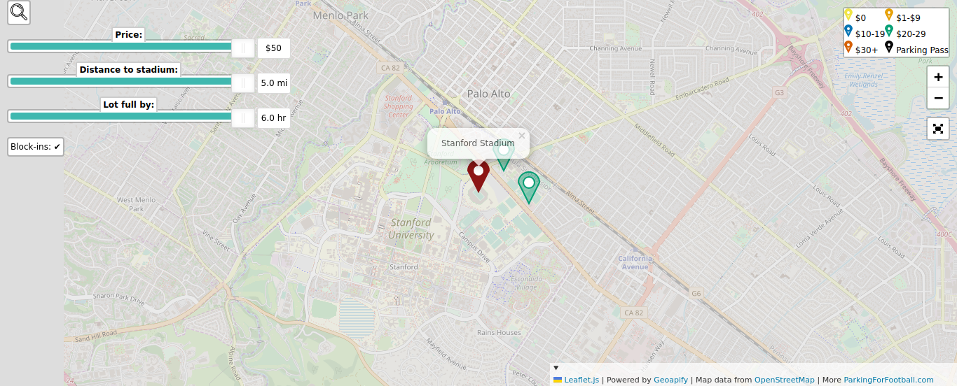 Parking map for Stanford University Cardinal college football games at the Stanford Stadium in Stanford, CA.