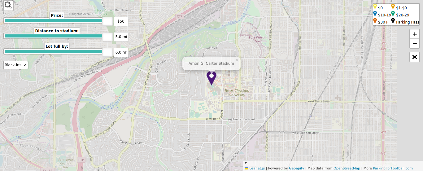 Parking map for Texas Christian University Horned Frogs college football games at the Amon G. Carter Stadium in Fort Worth, TX.